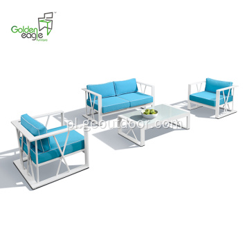 4 szt. Niebieska poduszka i biała aluminiowa sofa ogrodowa